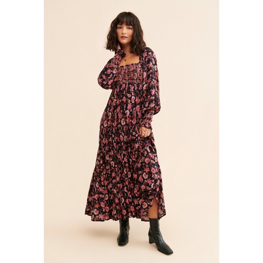 Free People Sweet Escape Smocked Floral Boho Maxi Dress Black Multi Medium